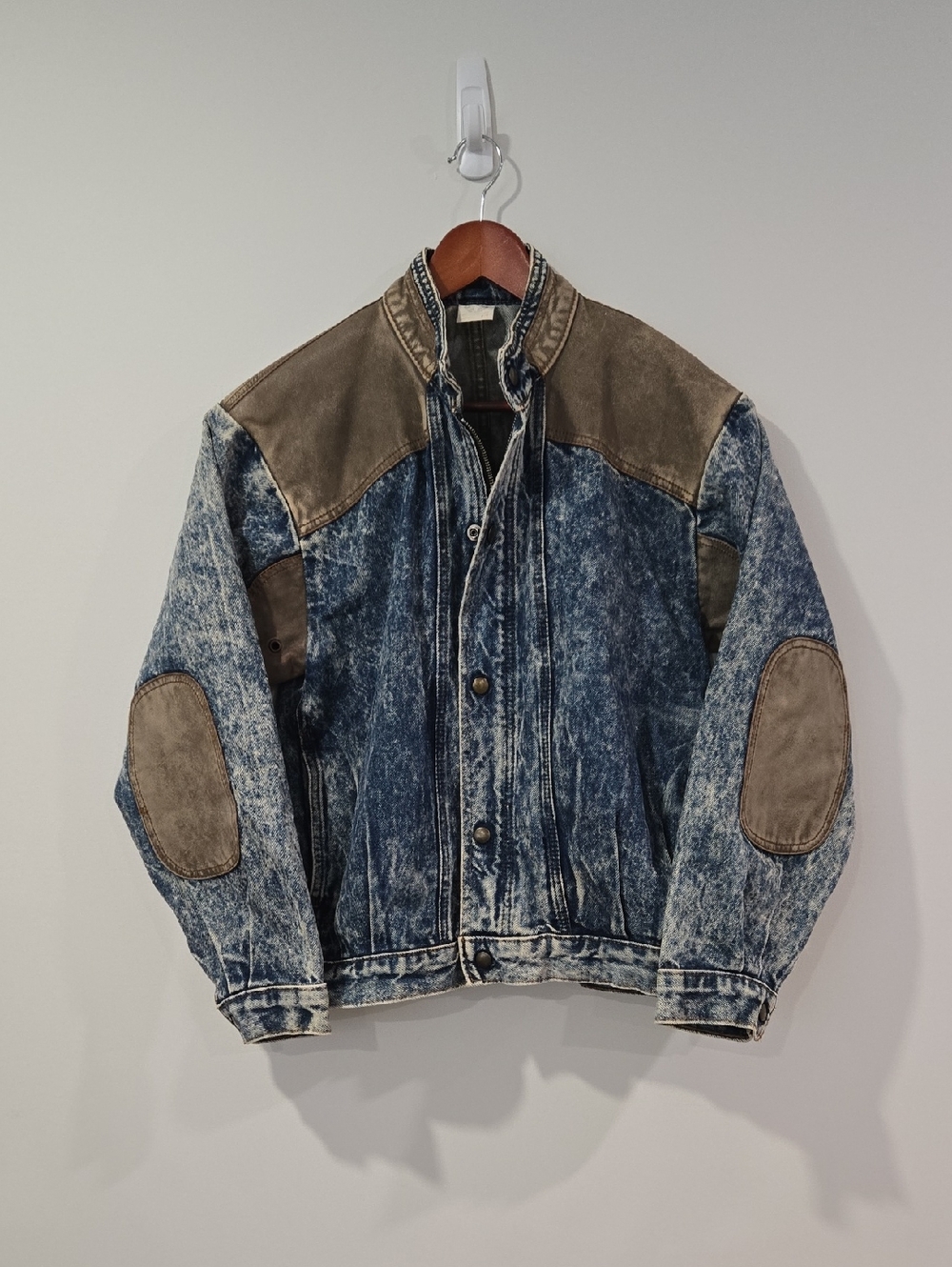 Retro 80's Acid Wash Denim Jacket with Brown Leather Accents